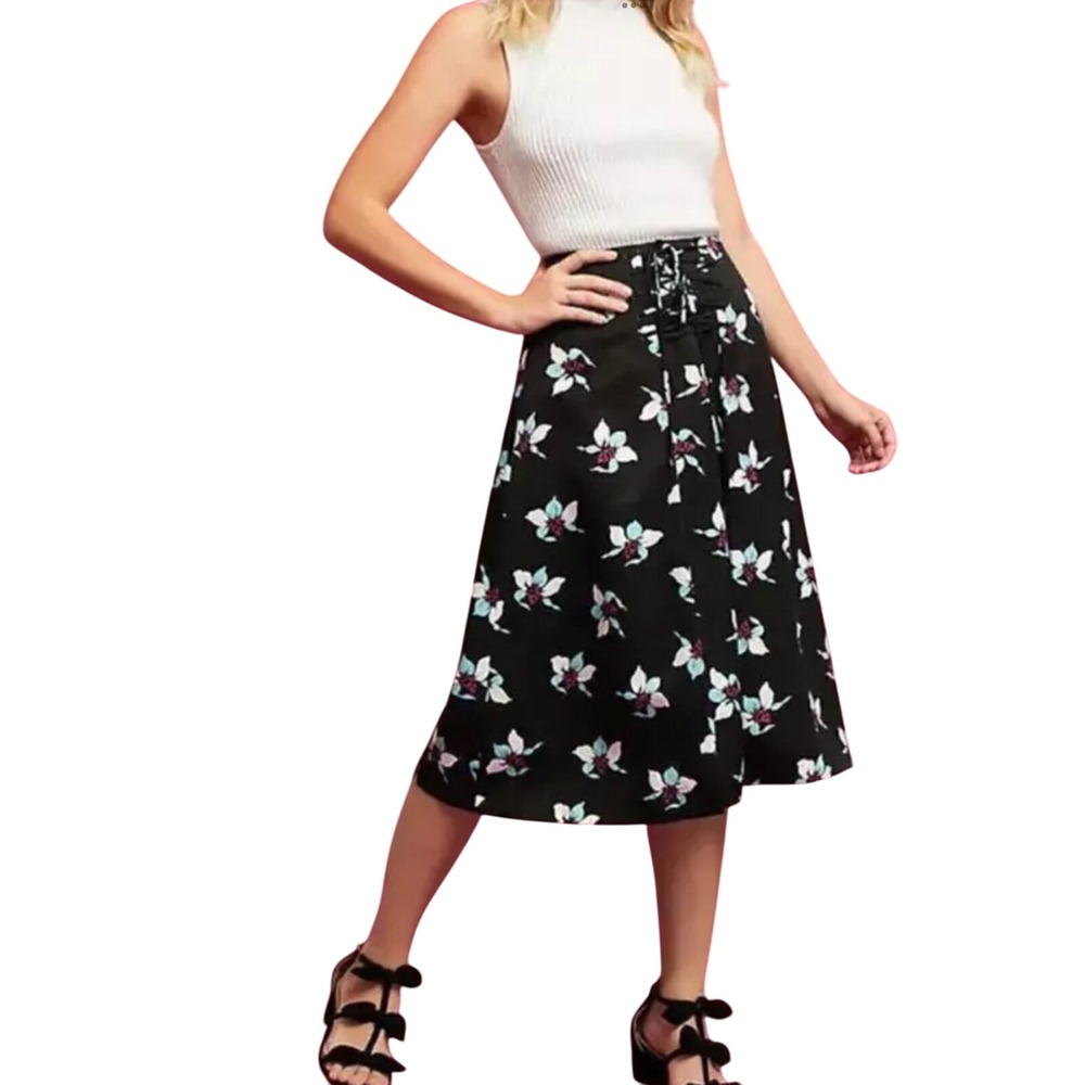 Maeve by Anthropologie Zadie Lace-Up‎ Floral A-Line Skirt Size 2 Black Midi